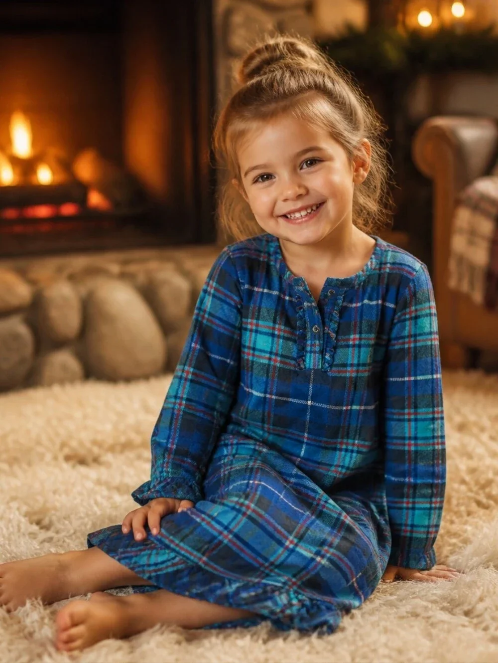 Lands' End Plaid Flannel Nightgown Girls 3T Blue Teal Long Sleeve Cozy Sleepwear